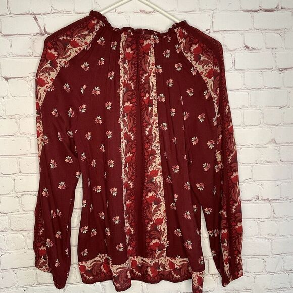 Lucky Brand Womens Medium M Maroon Floral Bishop Sleeve Peasant‎ Boho Blouse Top - Picture 9 of 11